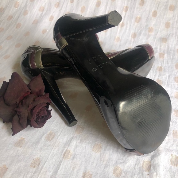 Aldo Black Grey & Plum Peep Toe Slip On High Heels - Picture 7 of 8